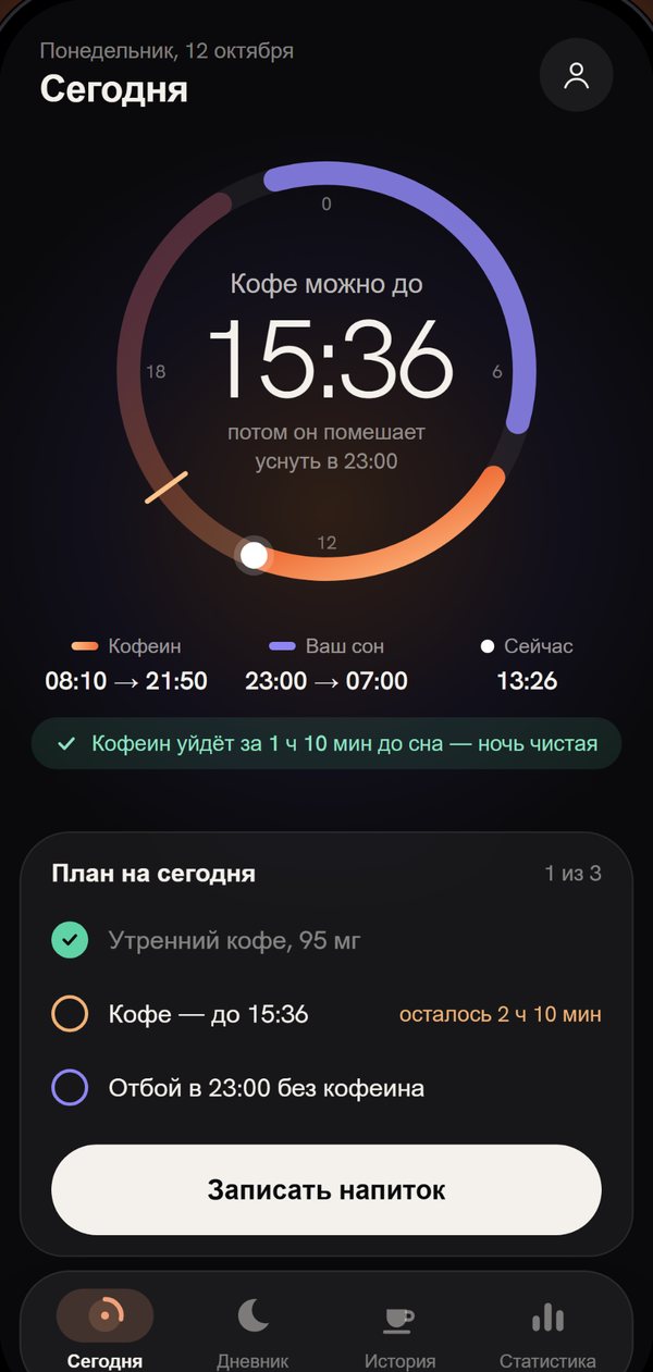 Экран «Сегодня» в Cira: кофе можно до 15:36, кофеин и сон на 24-часовом кольце и план дня с последней чашкой и отбоем без кофеина